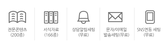 전문콘텐츠200종, 서식자료166종, 상담알림세팅무료, 문자/이메일발송세팅무료, SNS연동세팅무료